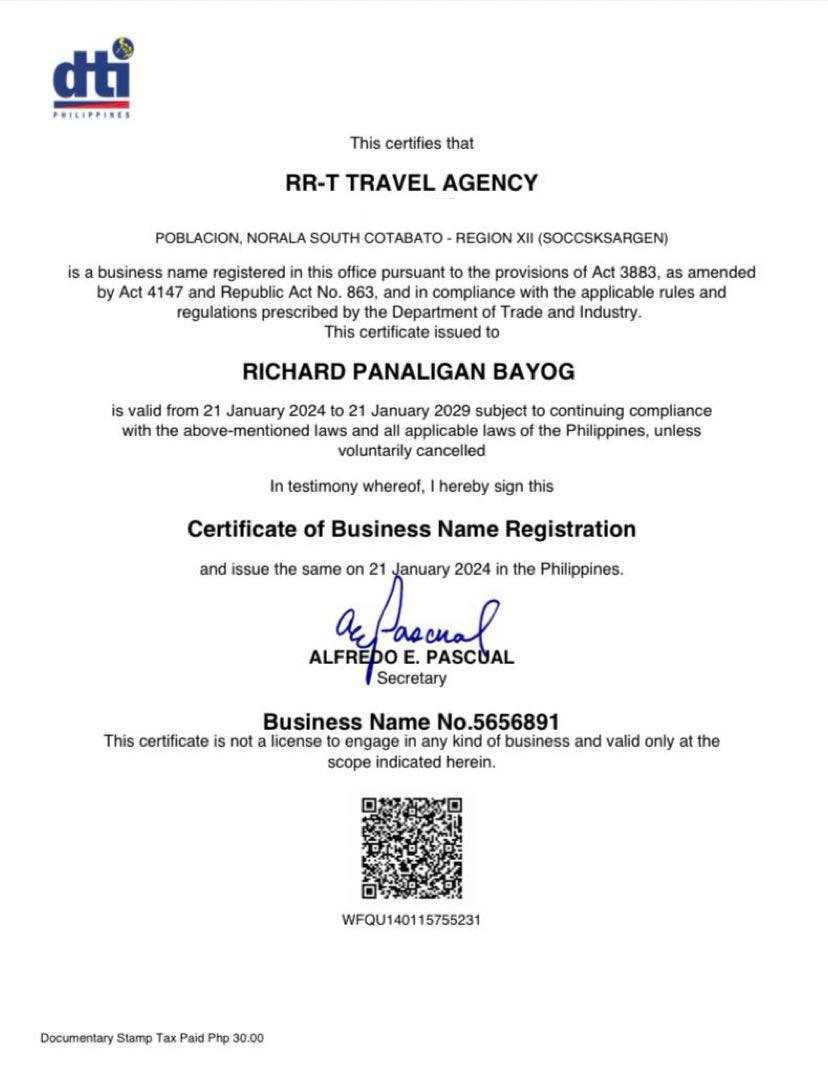 RR-T Travel Agency Business Registration